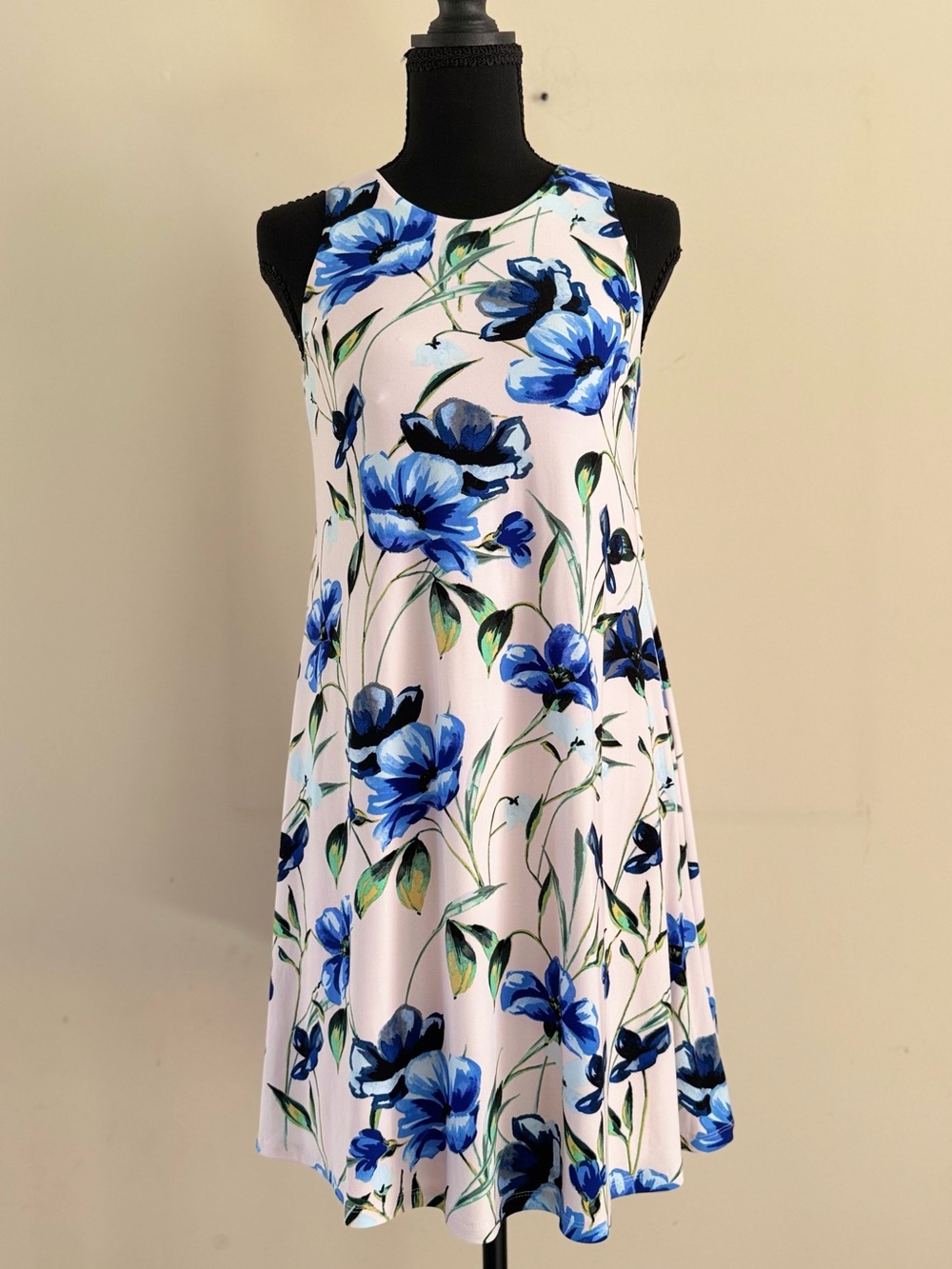 Ralph Lauren Pink Sleeveless Floral A-Line Dress with Blue Blooms